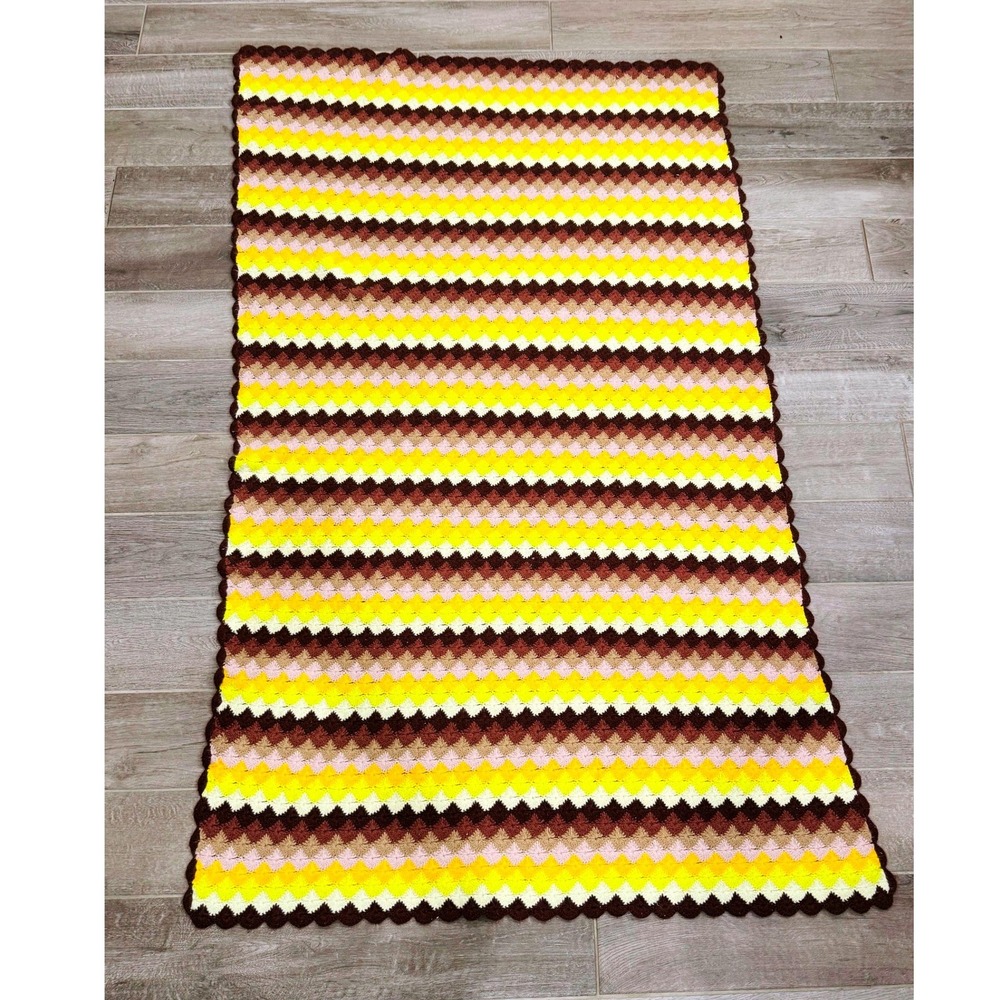Handmade Crochet Afghan Blanket 40x70 Brown Yellow Orange Retro Striped Throw